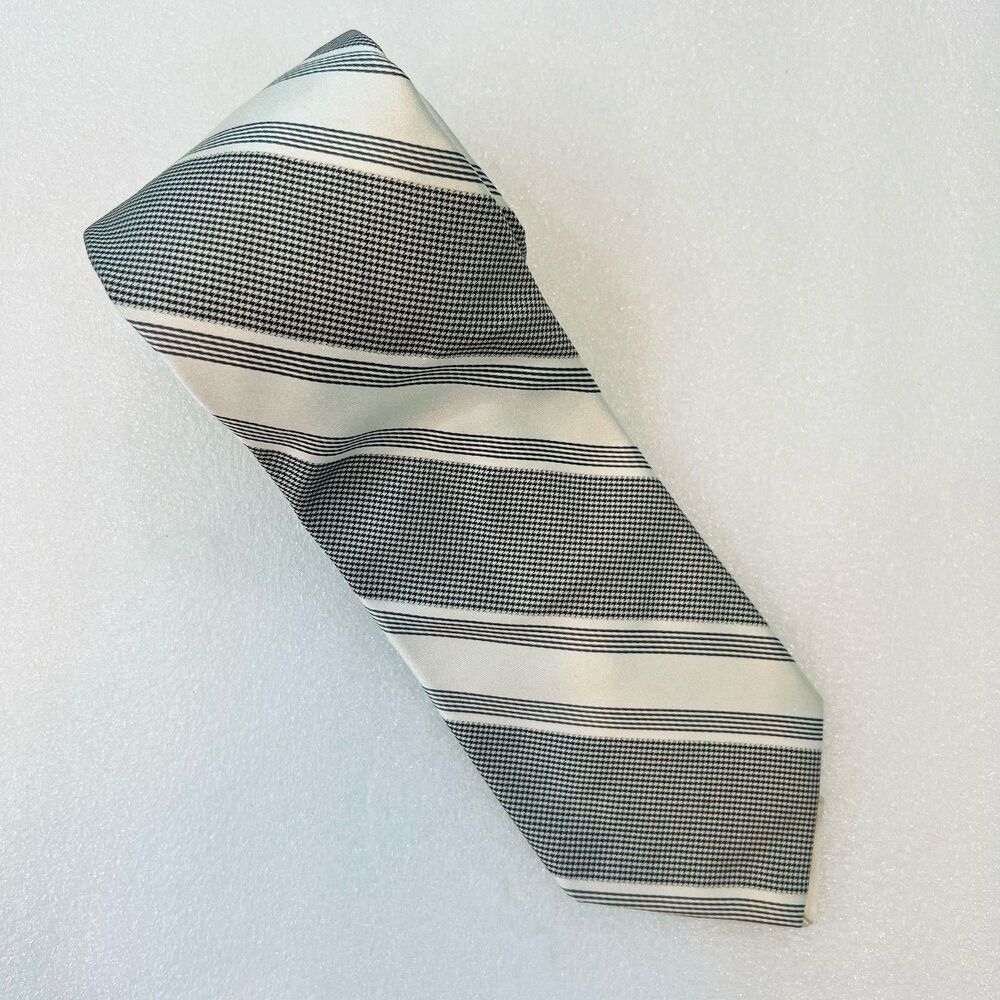 IKE BEHAR Silk Necktie Silver Gray/ Stripes/ Houndstooth~ USA Made~ SHIPS FREE
